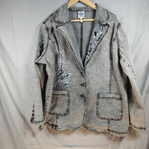 Diane Gilman DG2 Embroidered‎ Denim Jacket Size 3XL Y2k Acid Wash